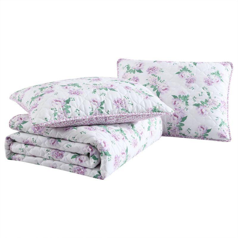 Blooming Roses Purple Microfiber Reversible Quilt Set