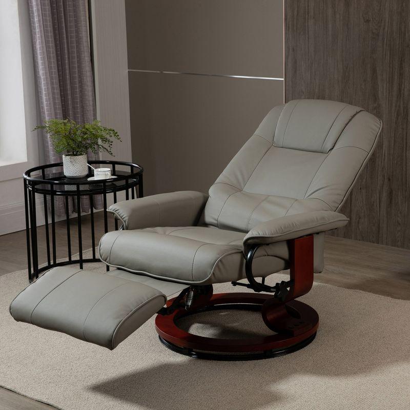Gray Faux Leather Swivel Recliner with Wood Base
