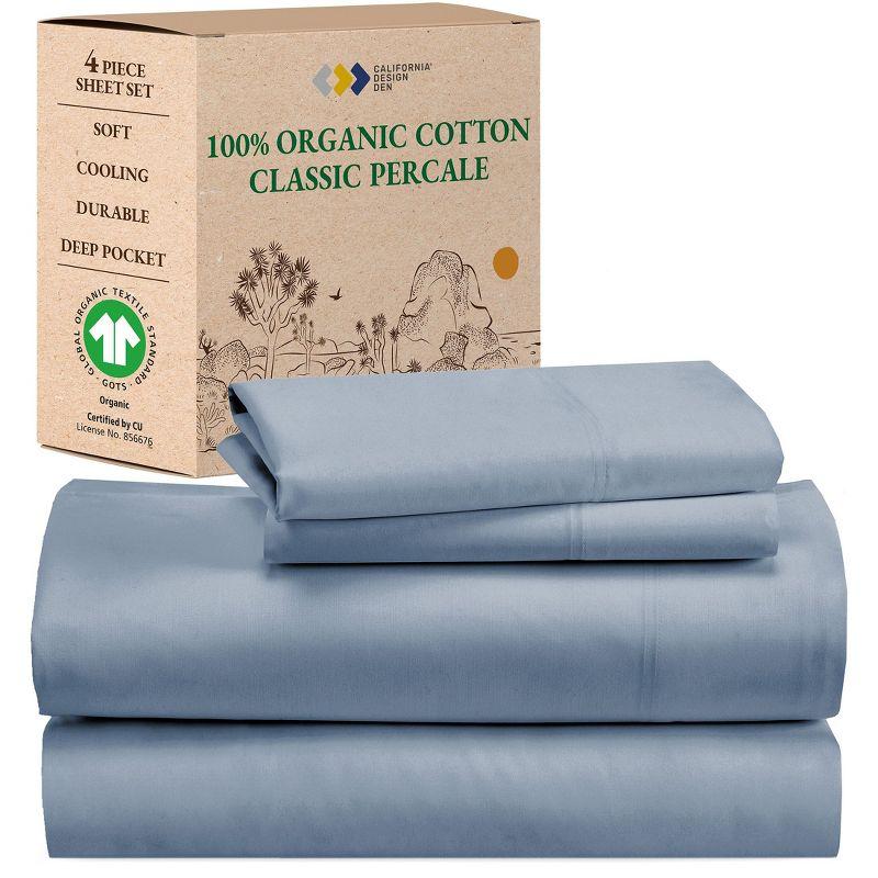 Queen Sheets Set, 100% Organic Cotton Percale, Blue Hydrangea Bed Sheets by California Design Den