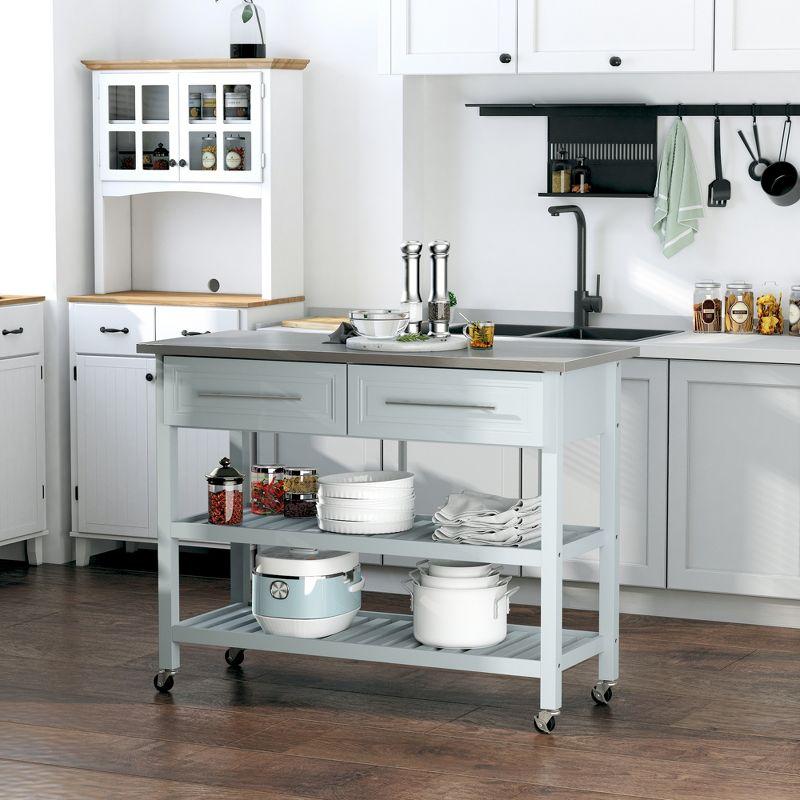 HOMCOM Kitchen Island with Stainless Steel Top, Traditional Kitchen Island with Storage, 2-Tier Open Shelves, Drawers