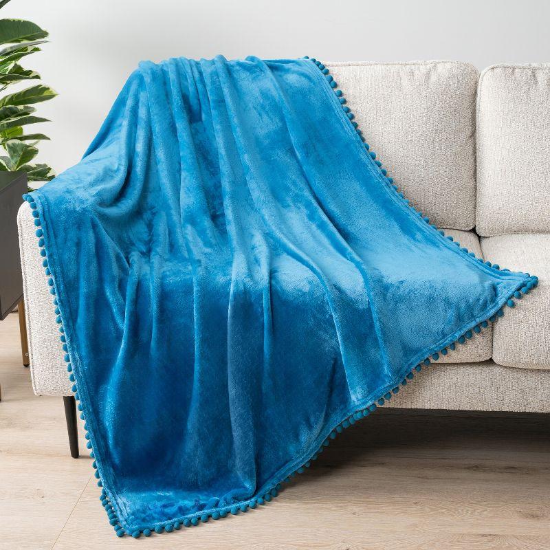 PAVILIA Fleece Pom Pom Blanket Throw for Sofa Bed, Soft Lightweight Pompom Fringe Blanket for Couch