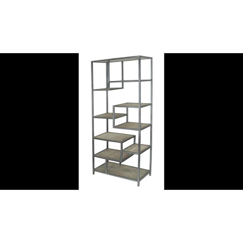 Bodhan Whitewash Mango Wood and Gray Metal 82" Staggered Shelf Etagere