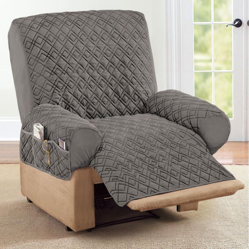 Collections Etc Diamond Quilted Stretch Recliner Cover with Storage Recliner Slate Gray