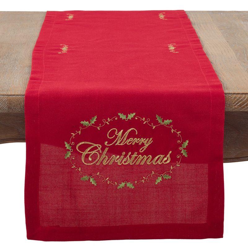 Saro Lifestyle Merry Christmas Embroidered Design Table Runner, 14"x90", Red