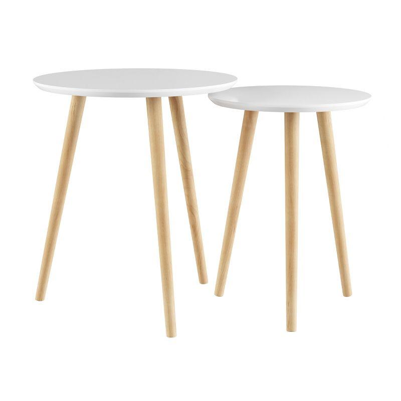 Hastings Home Nesting End Tables - Mid-Century Modern Wood Accent Table With Circular Top - Set of 2, White/Natural