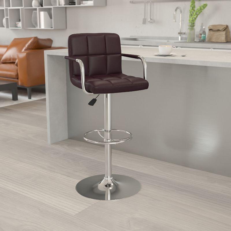 Sleek Brown Quilted Vinyl Adjustable Swivel Barstool with Chrome Base