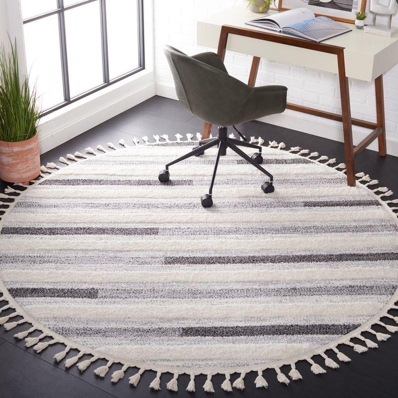 Ivory and Grey Round Braided Shag Rug with Tassels