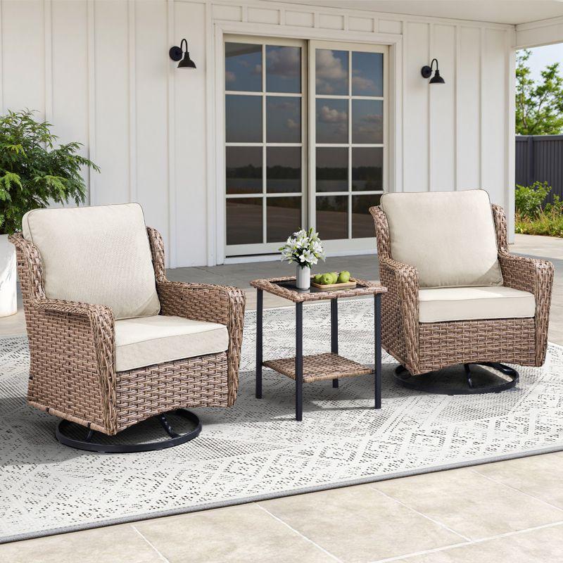 Buenhomino 3-Piece Wicker Outdoor Bistro Set with Swivel Glider Chairs, 2-Person Patio Furniture Set with Beige Cushions