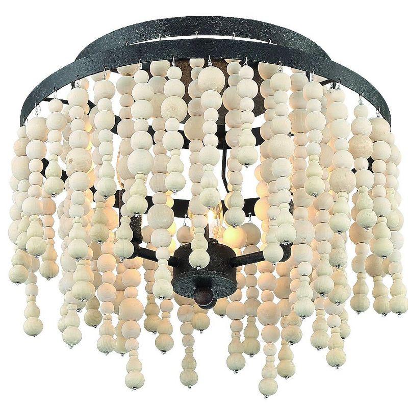 Poppy Forged Bronze 3-Light Chandelier with Natural Wood Beads