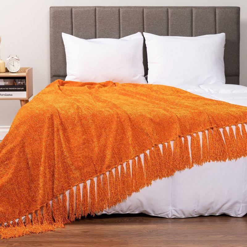 PAVILIA Chenille Throw Blanket with Woven Knitted Tassel Fringe for Couch, Living Room Decor and Bed