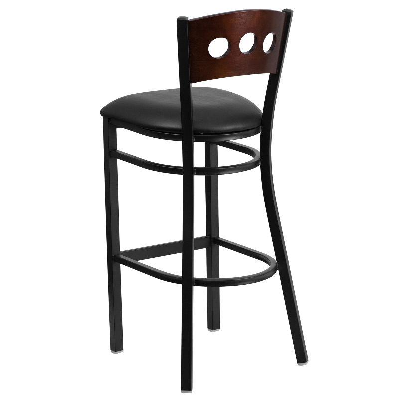 Walnut and Black Metal Barstool with Decorative Back and Vinyl Seat