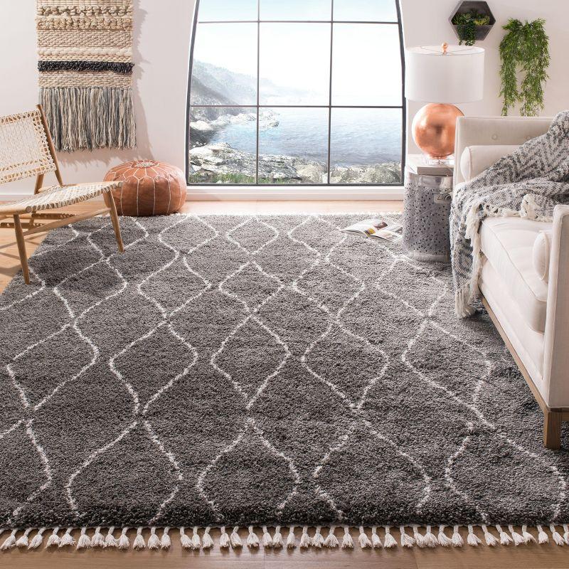 Ivory and Grey Synthetic Shag Area Rug with Fringe, 5'3" x 7'6"