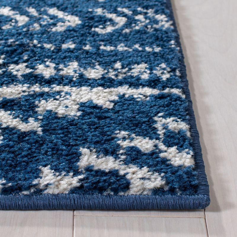 Ivory and Navy Geometric Hand-knotted Runner Rug