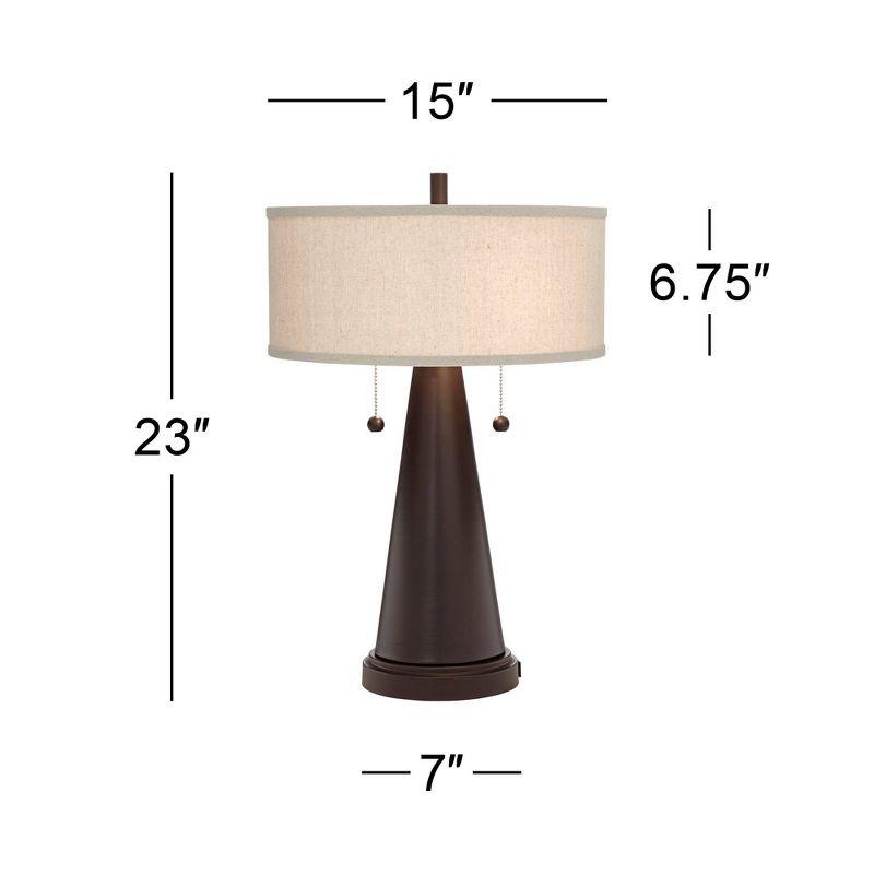 Franklin Iron Works Craig Rustic Farmhouse Accent Table Lamps 23" High Set of 2 Bronze with USB Charging Port Natural Drum Shade for Bedroom Desk