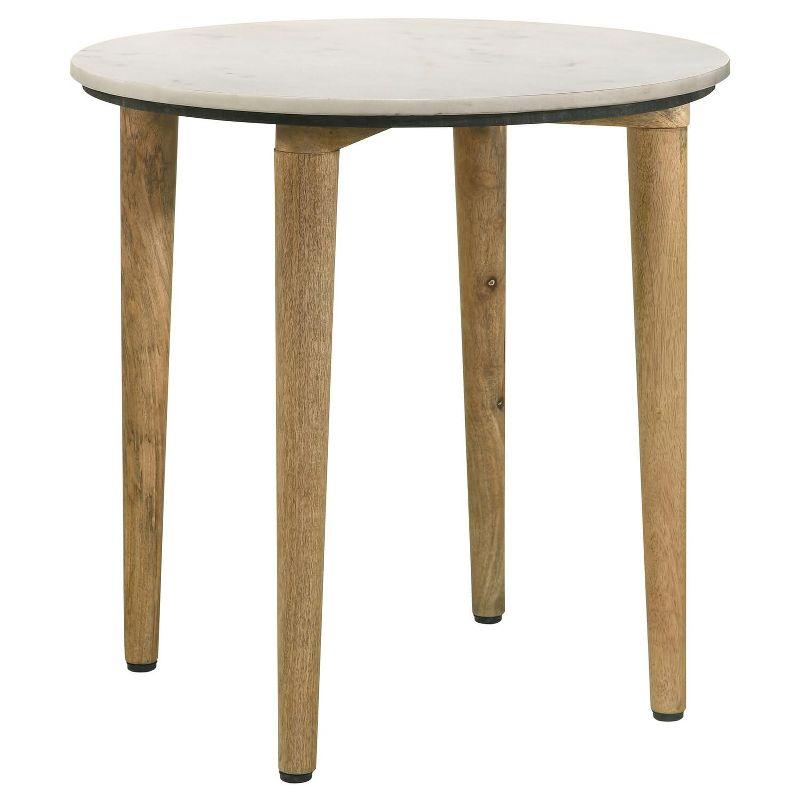 Round White Marble Top and Natural Wood End Table