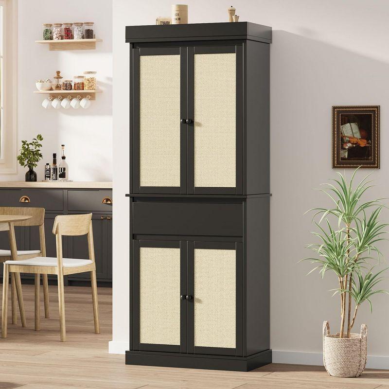 Tall Kitchen Pantry Cabinet 69" Storage Cabinet with Rattan Doors, Drawer and Adjustable Shelves, Cupboard for Bathroom Dining Room, Black