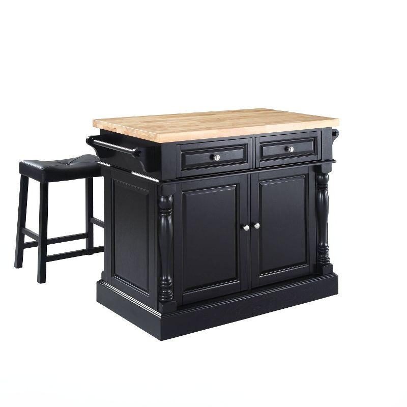 Oxford Kitchen Island with 2 Upholstered Saddle Stools Black - Crosley: Pass-Through Storage, Towel Bars, Wood Veneer