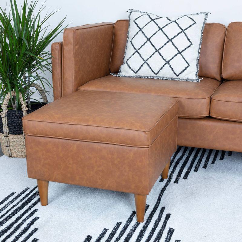 Storied Home Atley Storage Ottoman Brown: Vegan Leather, Mid-Century Design, Plywood Frame, 18" Height