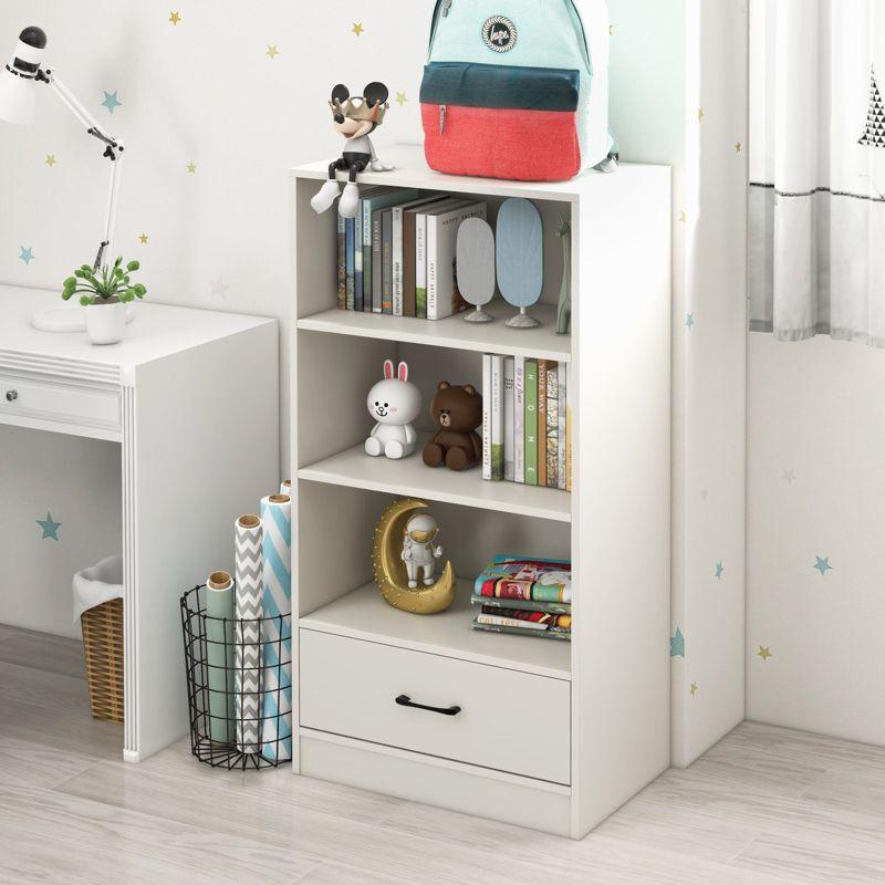 Tangkula 4-Tier Bookcase w/Storage Drawer Modern Storage Shelf w/3-Tier Open Shelf Freestanding Display Shelf Grey/Natural/White