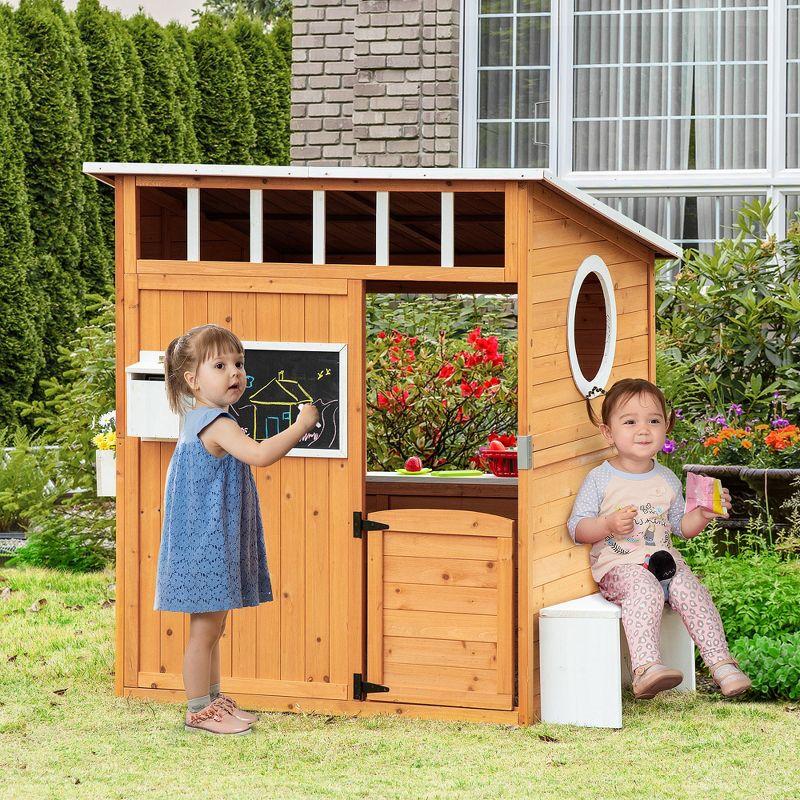 Outsunny Wooden Playhouse for Kids Outdoor, Garden Games Cottage, with Working Door, Windows, Mailbox, Bench, Flowers Pot Holder, 48" x 42.5" x 53"