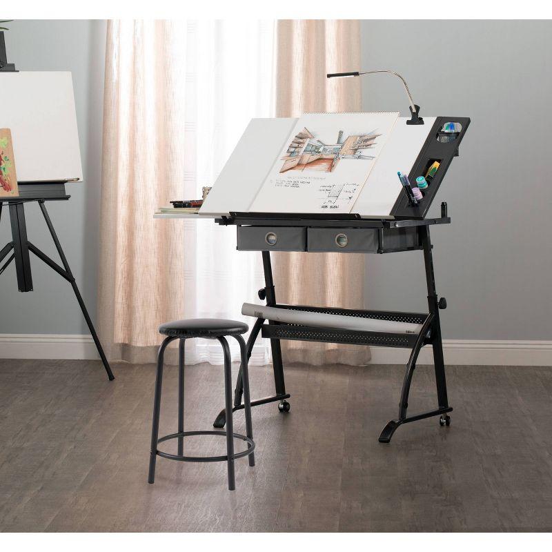 Core Drawing Table & Stool Set, Adjustable Art Desk with Storage, Charcoal Black/White - Studio Designs: Laminate Surface, Metal Frame