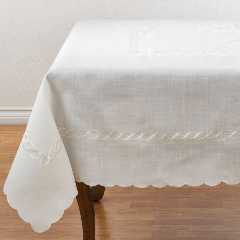 White Embroidered Braid Design Linen-Blend Tablecloth