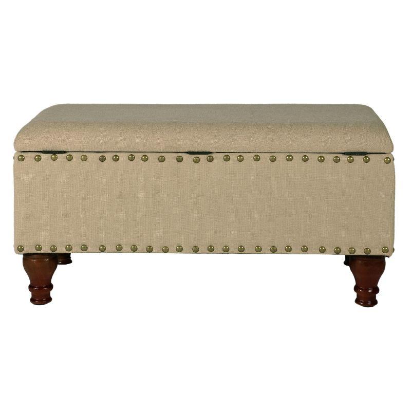 Elegant Tan Upholstered Storage Bench with Nailhead Trim and Wood Legs