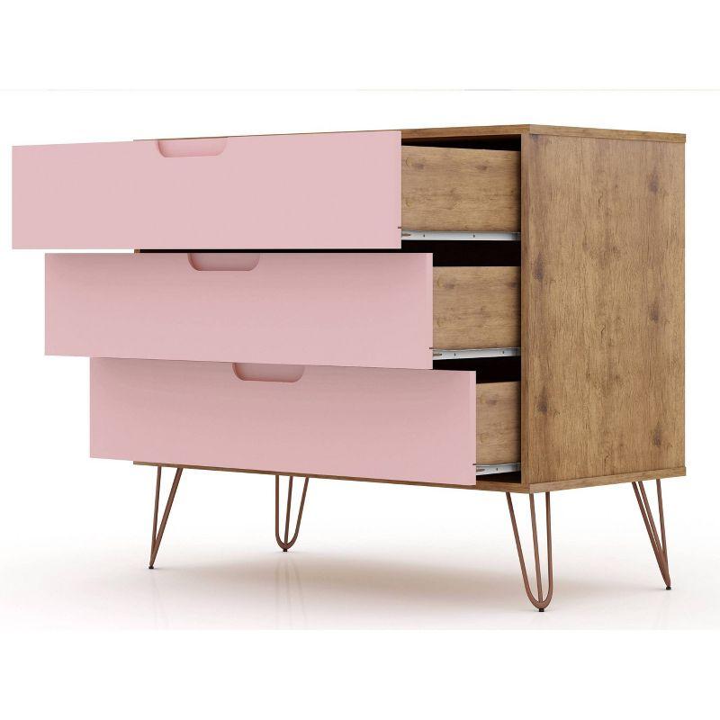 Set of 2 Rockefeller 3 Drawer Dresser Nature/Rose Pink - Manhattan Comfort: MDF Bedroom Storage, Easy-Glide, 6 Drawers