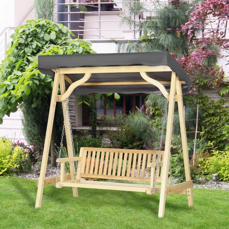 Rustic Fir Wood 2-Seater Porch Swing with Adjustable Canopy