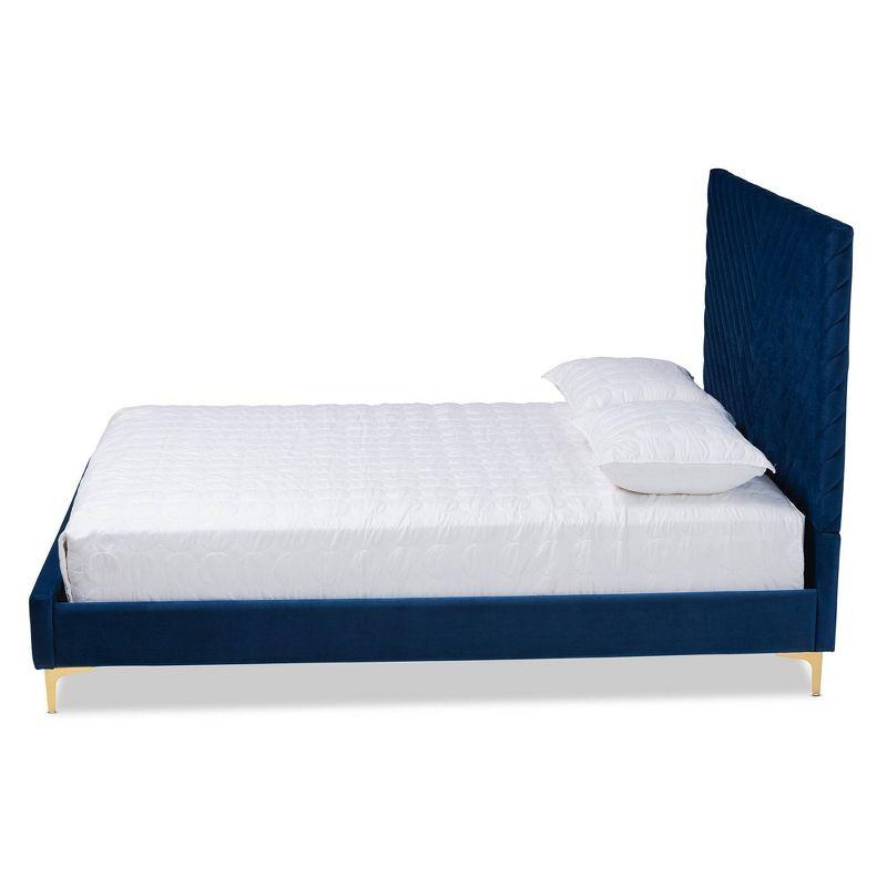 King Fabrico Velvet Fabric Upholstered and Metal Platform Bed Navy Blue/Gold - Baxton Studio