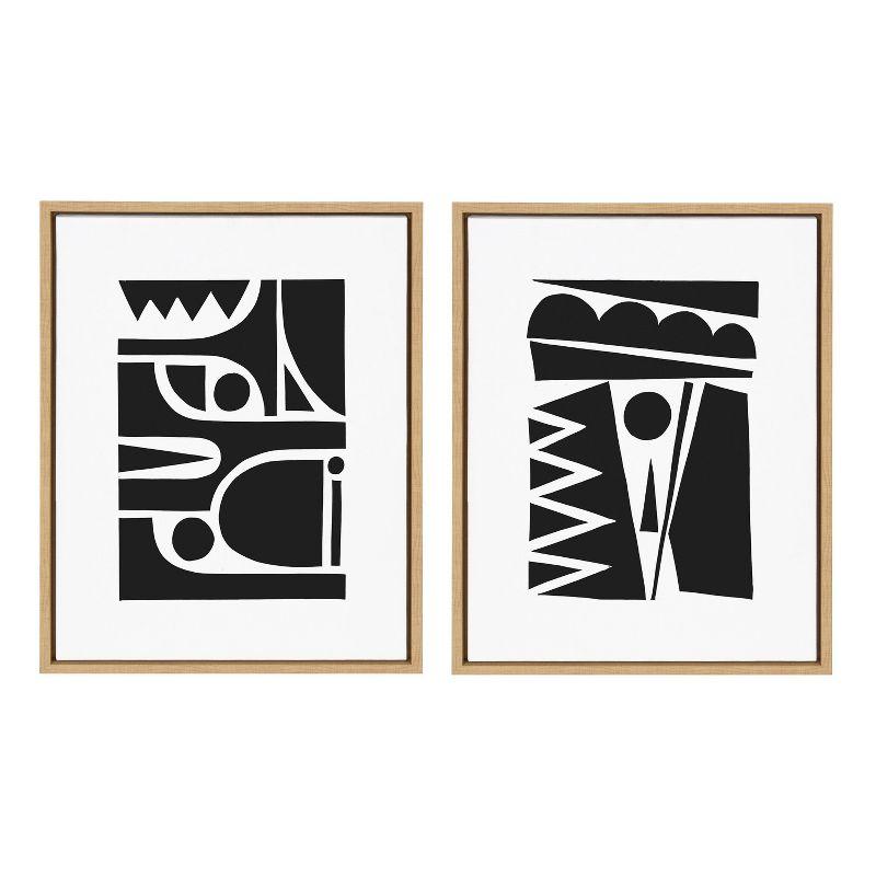 Geometric Black and White Abstract Canvas Art Set with Natural Frame