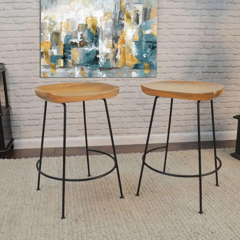 Natural Mango Wood and Black Metal Saddle Counter Stools, 24.5" Set of 2