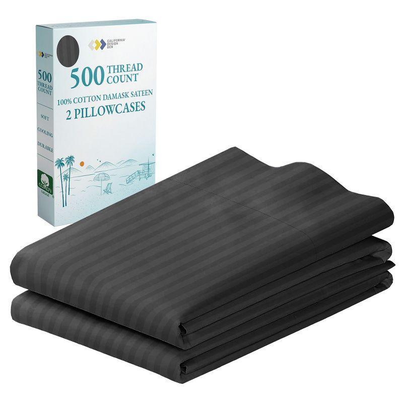 Luxury 500 Thread Count Pillowcase Set - 100% Cotton Sateen, Breathable by California Design Den - Dark Gray Striped, Standard/Queen Pillowcases