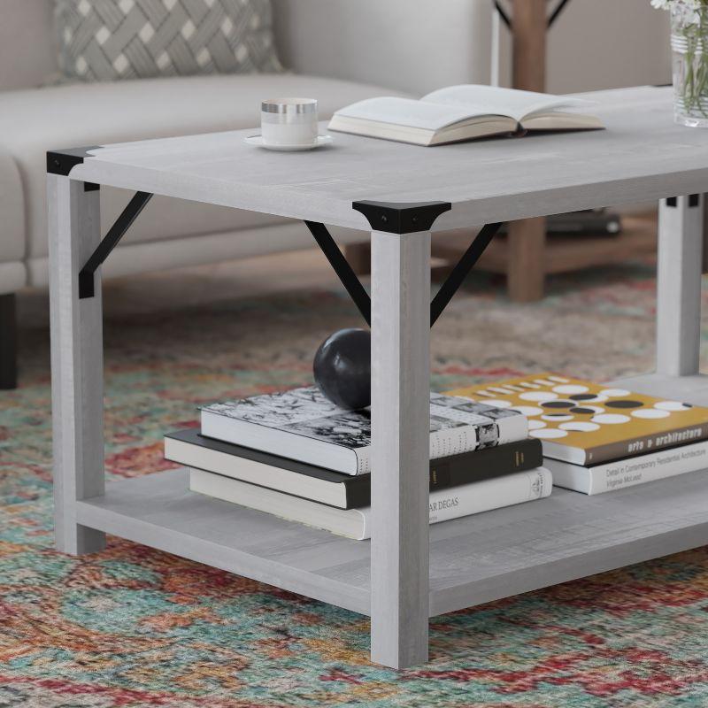 Flash Furniture Wyatt Modern Farmhouse Wooden 2 Tier Coffee Table with Black Metal Corner Accents and Cross Bracing, Aspen Gray