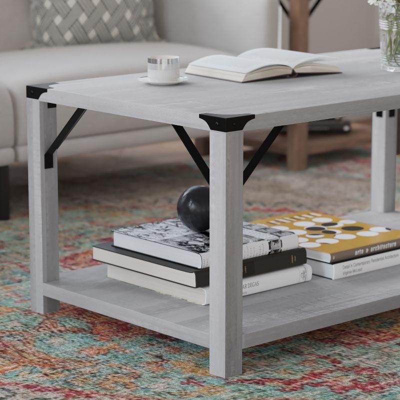 Flash Furniture Wyatt Modern Farmhouse Wooden 2 Tier Coffee Table with Metal Corner Accents and Cross Bracing