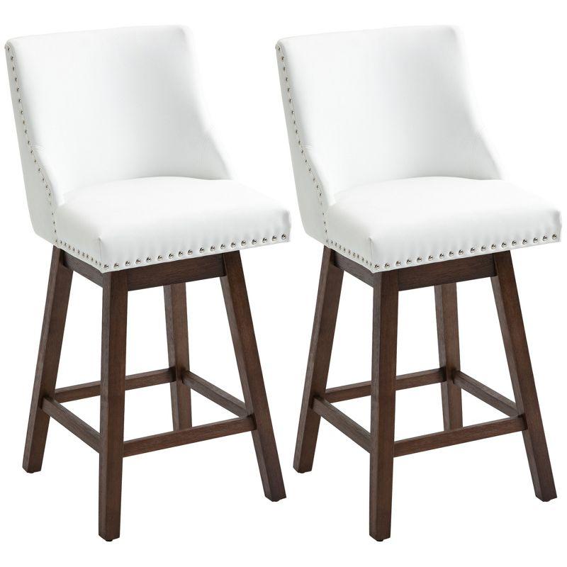 Elegant 28" White Leather Swivel Barstools with Wood Legs and Nailhead Trim, Set of 2