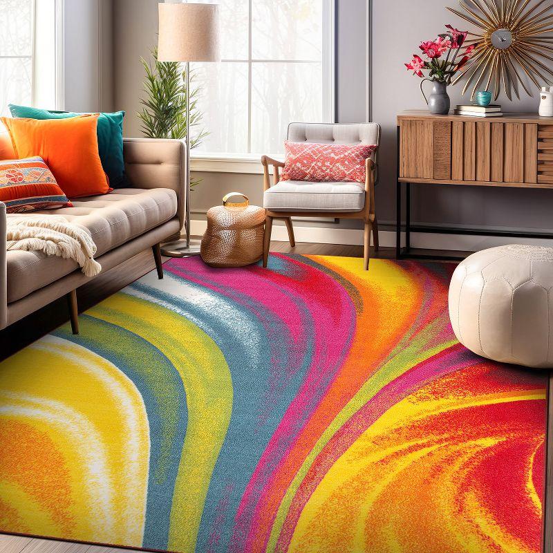 World Rug Gallery Modern Contemporary Waves Multicolored Non-slip (Non-skid) Area Rug - Multi 3'3" x 5'