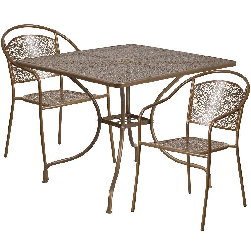 Gold Steel Square Patio Table Set with 2 Stacking Chairs