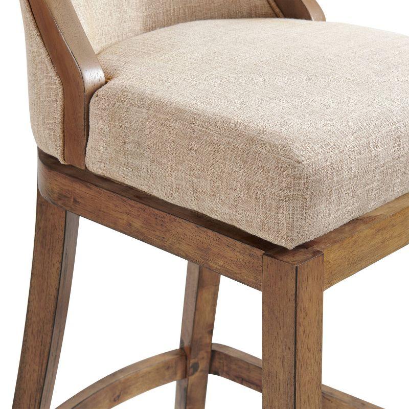 Alaterre Ellie Bar Height Stool, Back, Swivel Seat, Brown, Upholstered Padded Seat, Rubberwood Frame, Steel Memory Return Mechanism, Dimensions 19 in. W x 22 in. D x 46 in. H, Footrest, Metal Kick Plate