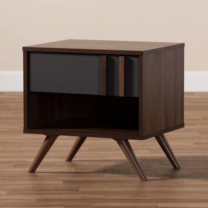 1 Drawer Naoki Two-Tone Wood Nightstand Gray/Walnut - Baxton Studio: Bedside Storage, Splayed Legs, Retro Design