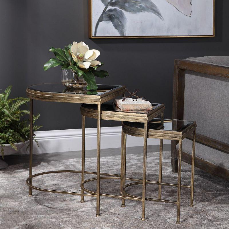 Gold Curved Metal and Glass Nesting Accent Tables, Set of 3