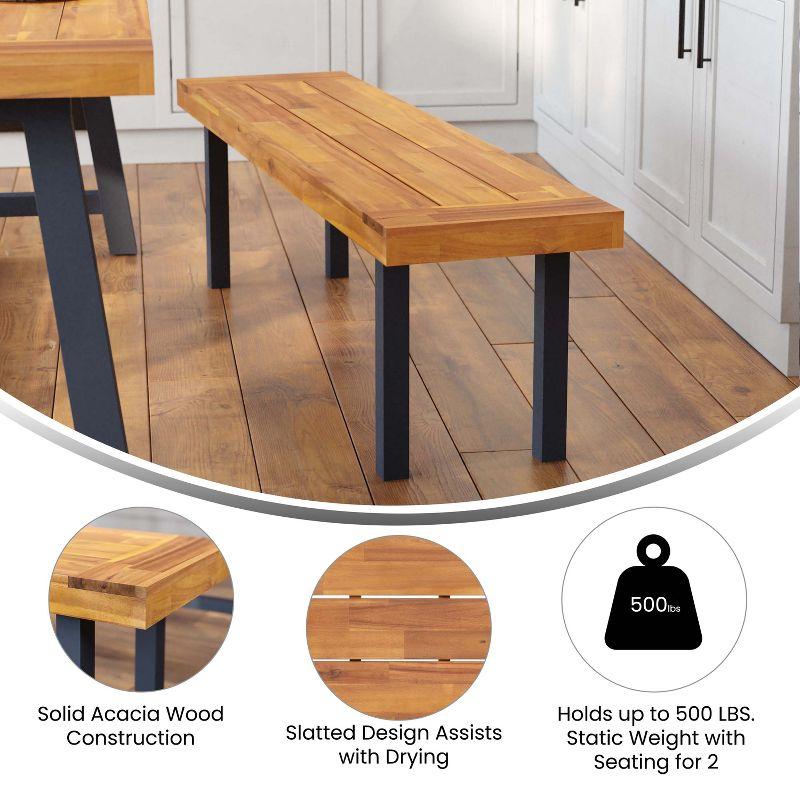 Flash Furniture Martindale Solid Acacia Wood Patio Dining Bench for 2 with Slatted Top and Black Flared Wooden Legs in a Natural Finish