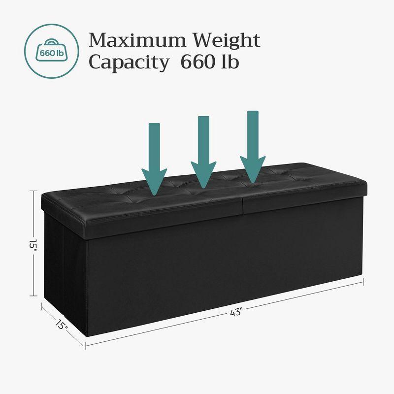 SONGMICS 43" Folding Storage Ottoman Bench Leather Ottoman Storage Footrest Hold up to 660lb Black
