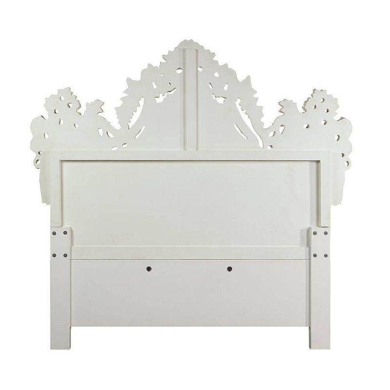 Acme Furniture: 90" Eastern King Bed Adara Bed White Synthetic Leather and Antique White Finish Victorian Style, Tufted Headboard