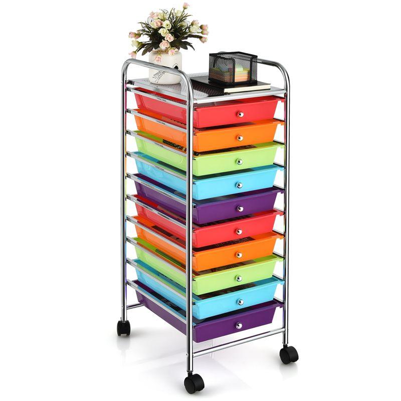 Multicolor 10-Drawer Rolling Storage Cart with Chrome Frame