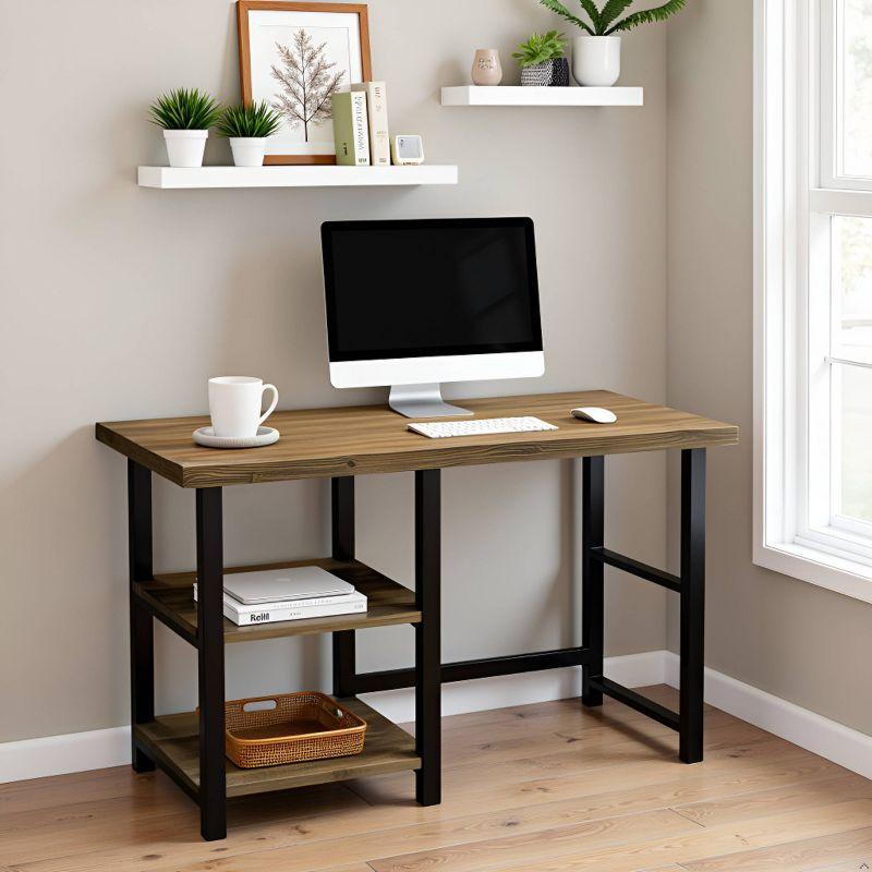 Pomona Writing Desk with Two Shelves Metal and Solid Wood Natural - Alaterre Furniture: Modern Style, Open Storage, Home Office