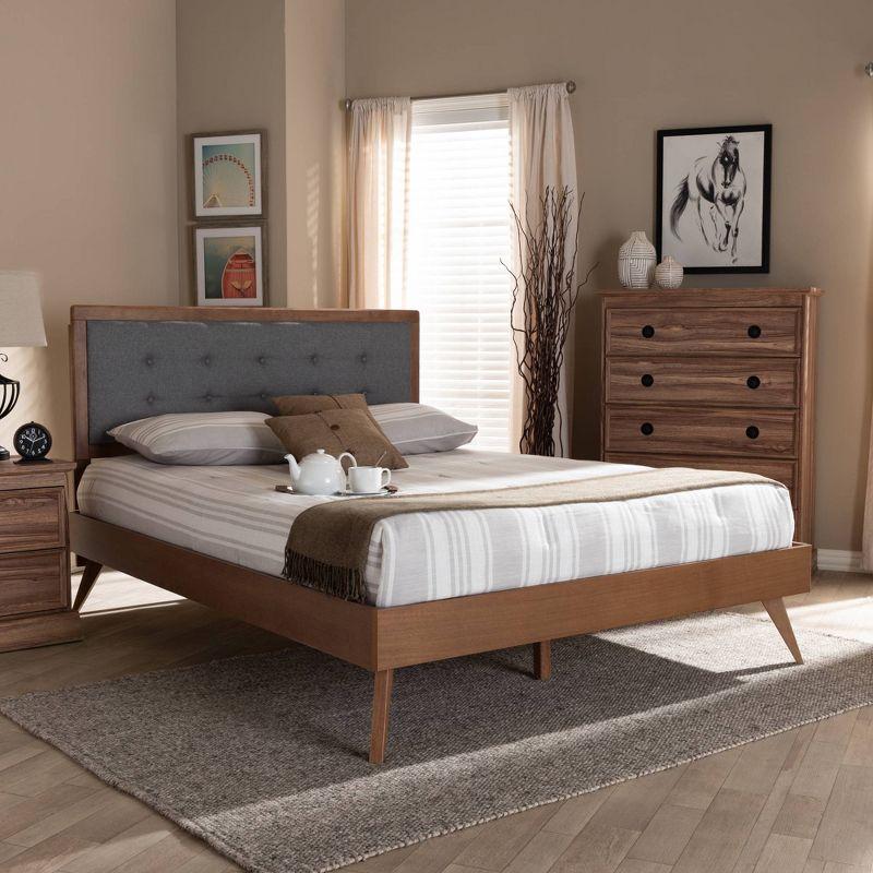 King Walnut Wood Platform Bed with Dark Gray Upholstered Headboard