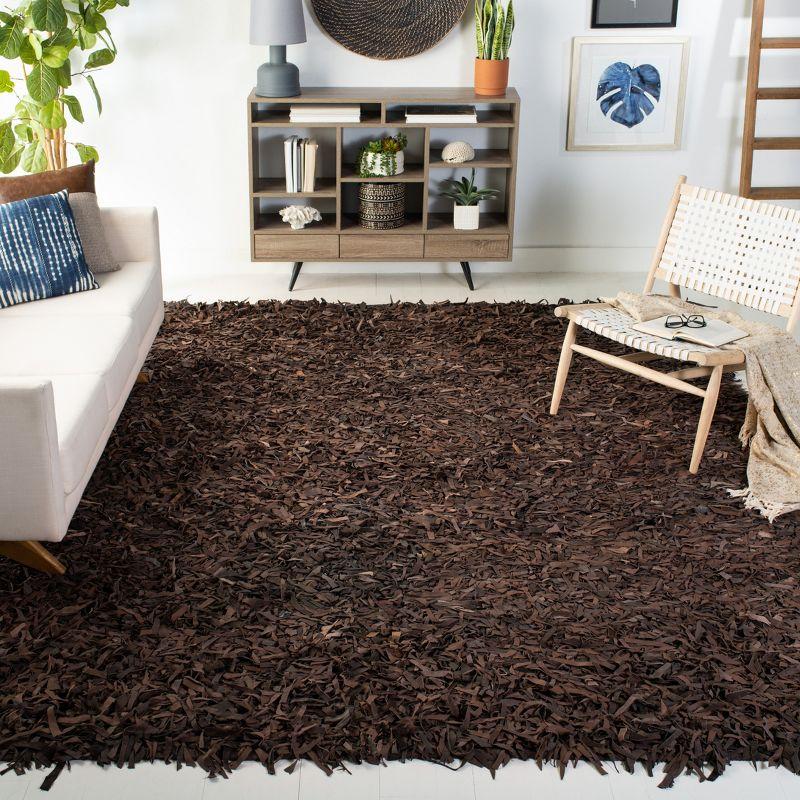 Dark Brown Hand-Knotted Leather Shag Area Rug