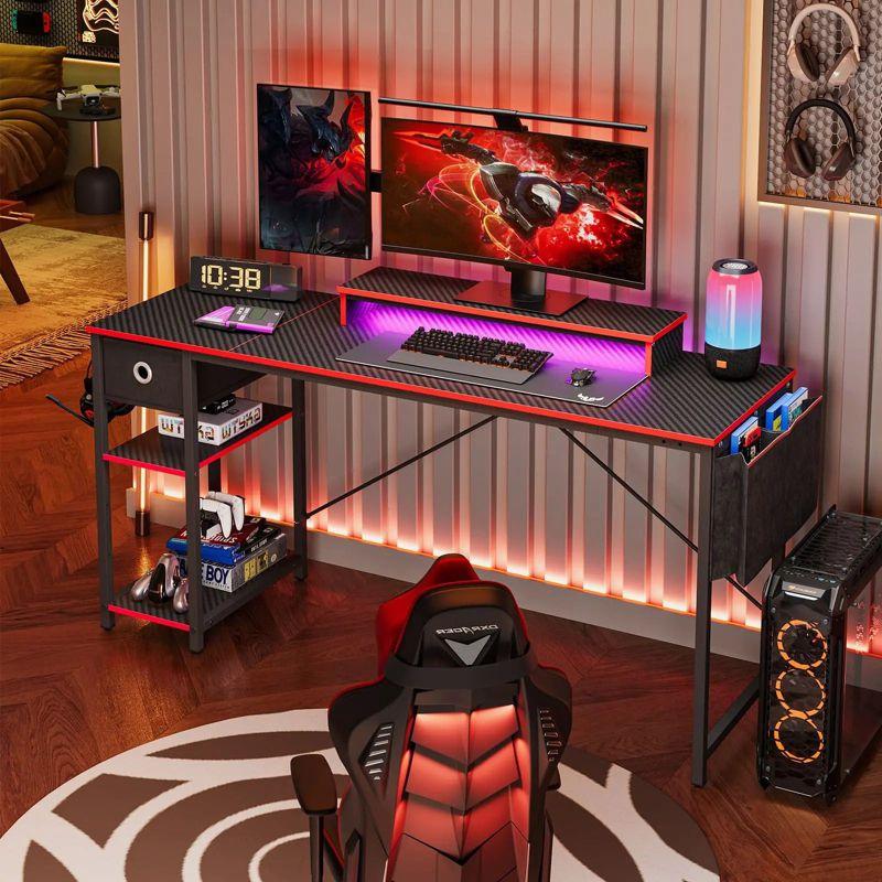 Black 61-Inch LED Computer Desk with Drawer and Headphone Hook