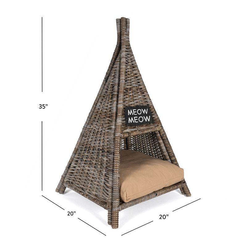 Tiki Tent 20" x 20" Coastal Handwoven Rattan Cat Bed with Machine-Washable Cushion, Kubu Gray